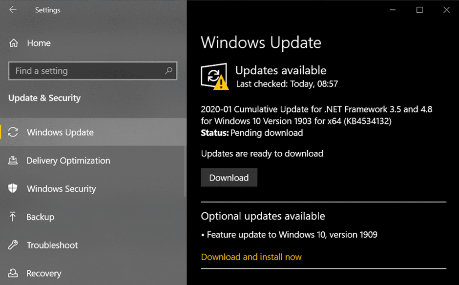 En Actualización y seguridad, haga clic en Windows Update en el menú que aparece.