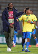 Mamelodi Sundowns coach Rulani Mokwena celebrate Nedbank Cup quarterfinal victory over University of Pretoria (Tuks) with midfielder Marcelo Allende.