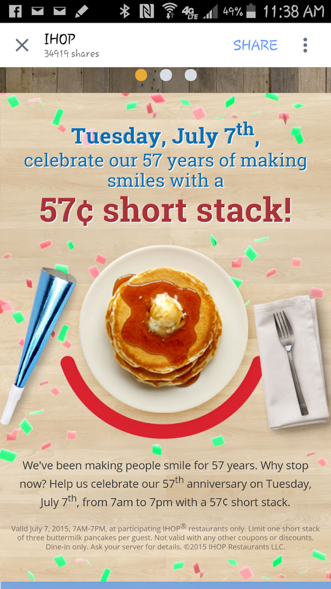 Tomorrow at #IHOP .57 cent Short Stacks July 7th 2015!