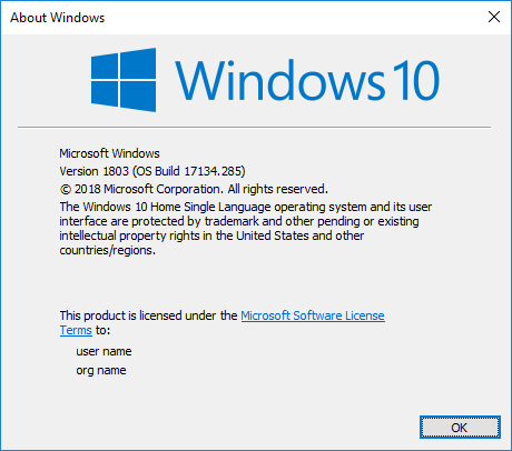 Windows 정보에서 사용 중인 Windows 10 버전 확인