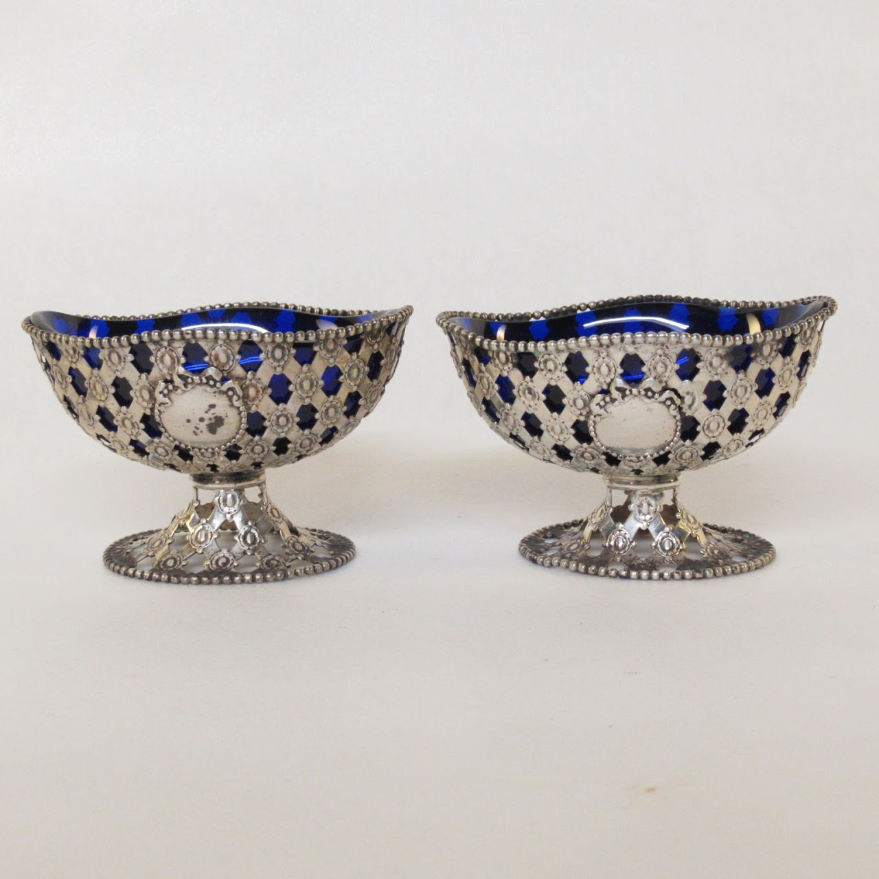 Sterling Silver & Cobalt Glass Pierced Salt Cellar Pair