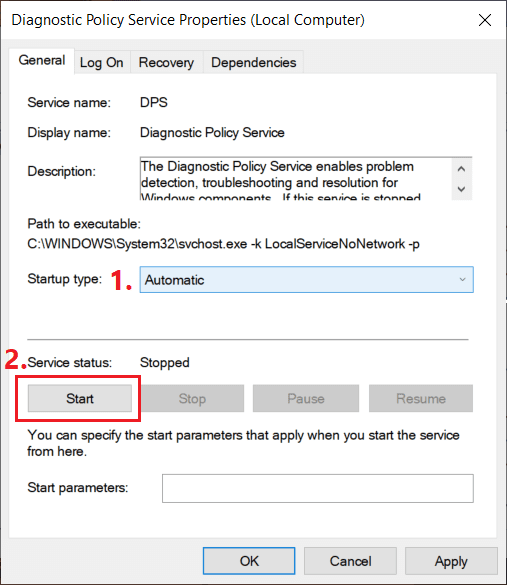 En el menú desplegable Tipo de inicio, seleccione Automático para Servicio de política de diagnóstico