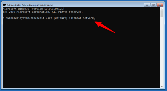 bcdedit /set {default} เครือข่าย safeboot