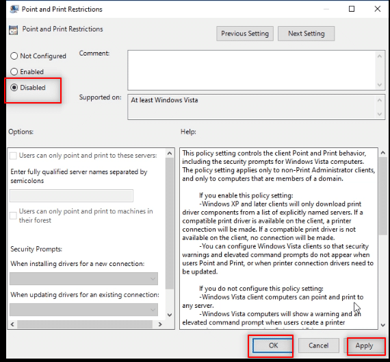 Seleccione Deshabilitado en la ventana y haga clic en Aplicar y luego en Aceptar.  Cómo instalar software sin derechos de administrador