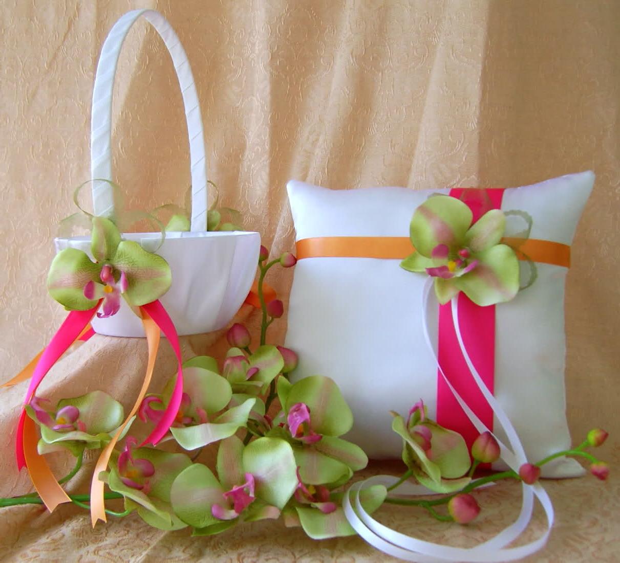 Hot Pink & Orange Wedding Colors, Green Orchids Flower girl basket & ring