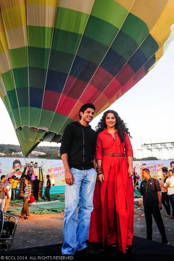 Farhan Akhtar and Vidya Balan are all smiles during the promotion of their movie Shaadi Ke Side Effects at Film City, in Mumbai, on February 14, 2014.