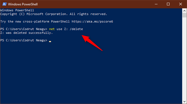 In esecuzione net use /delete per rimuovere un'unità di rete mappata