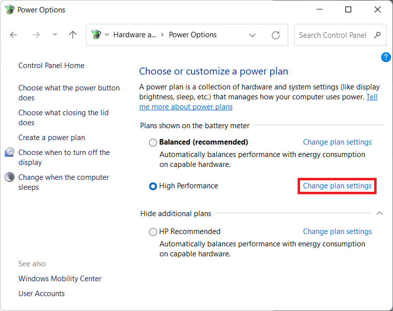 haga clic en cambiar la configuración del plan en la ventana Opciones de energía.  Cómo cambiar la acción de abrir la tapa en Windows 11