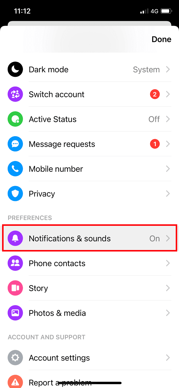 Toque Notificaciones y sonidos en la configuración del perfil de Messenger