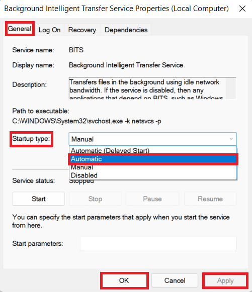 Propriétés du service de transfert intelligent en arrière-plan dans la fenêtre Services |  Correction de l'installation de la mise à jour en attente de Windows 10