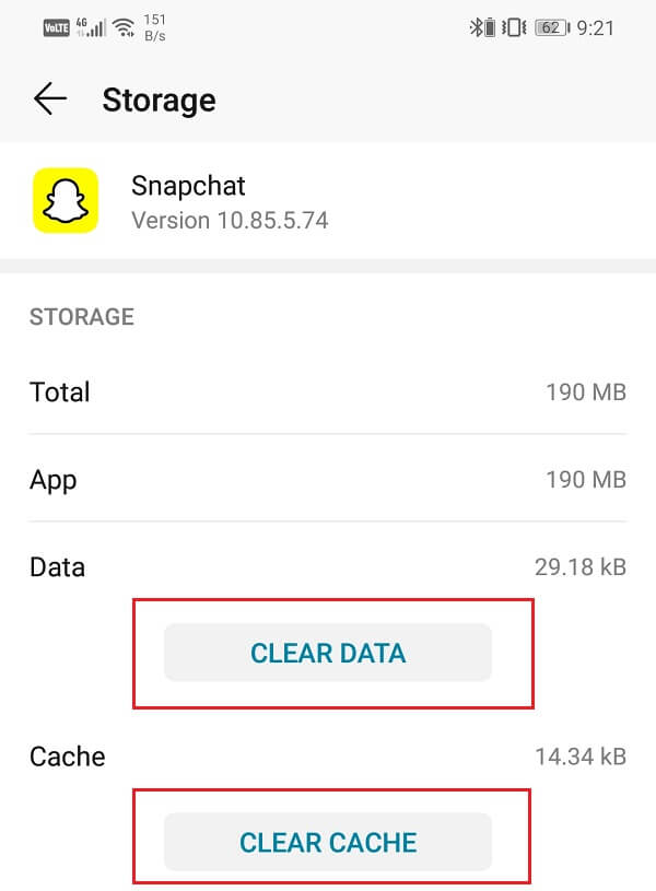 Haga clic en los botones Borrar caché y Borrar datos |  Arreglar Snapchat que no carga instantáneas