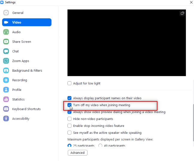 Tìm Tắt video của tôi khi tham gia cài đặt cuộc họp và đánh dấu vào hộp bên cạnh
