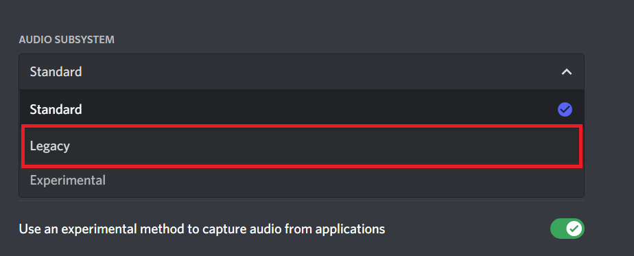 selecteer Legacy in het vervolgkeuzemenu.  Fix Discord blijft crashen of video loopt vast