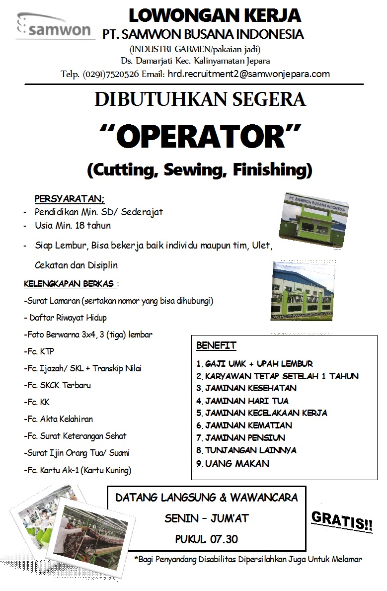 Loker Pt Samwon Busana Indonesia Operator Terbit Oktober