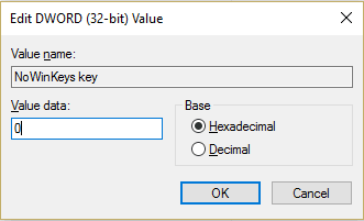 Ingrese 0 en el campo de datos de valor para deshabilitar la función NoWinKeys