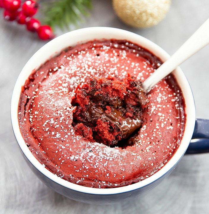 overhead photo of Red Velvet Lava Mug Cake