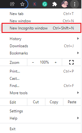 Aquí, seleccione la opción Nueva ventana de incógnito