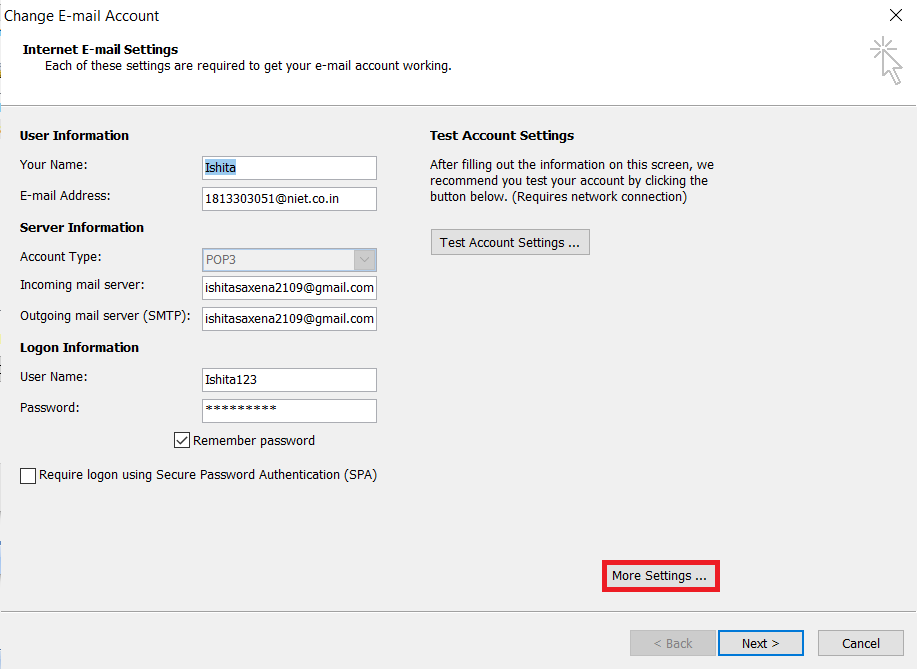 In Modifica account e-mail, fai clic su Altre impostazioni nelle impostazioni dell'account Outlook.  Risolto il problema con la ricomparsa del prompt della password di Outlook