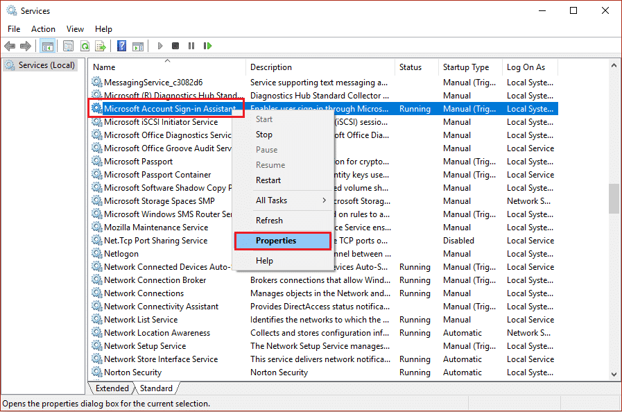 fare clic con il pulsante destro del mouse su Proprietà di accesso all'account Microsoft in Assistente e Windows Update