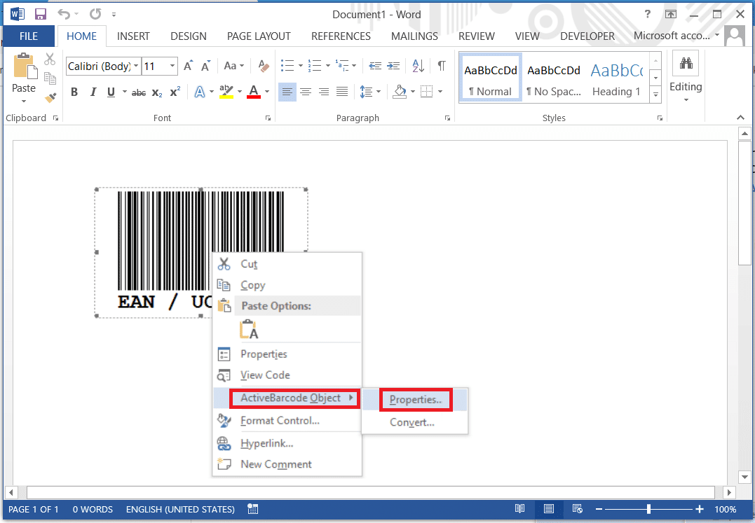 바코드를 마우스 오른쪽 버튼으로 클릭하고 ActiveBarcode 개체로 이동한 다음 속성을 선택합니다.