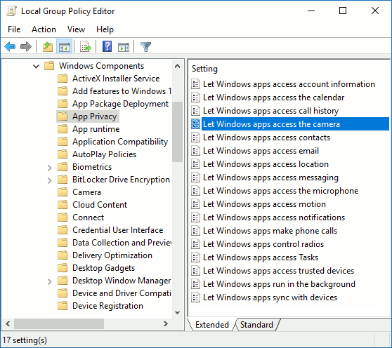 Chọn Quyền riêng tư của ứng dụng rồi nhấp đúp vào Cho phép ứng dụng Windows truy cập chính sách máy ảnh