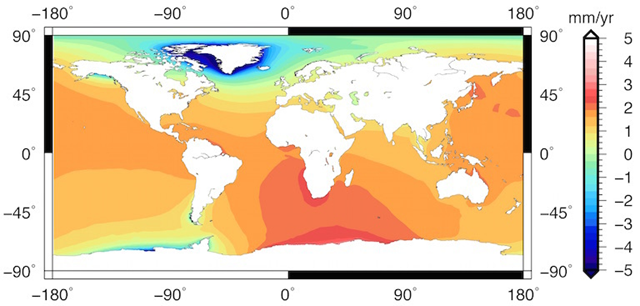 The 'fingerprints' of sea level rise revealed by a new computer modeling method that links changes in glaciers, ice sheets, and continental water storage to relative sea levels worldwide. Bluer areas, near Greenland, reflect a loss of ice mass, counterintuitively resulting in a sea level drop. In redder areas, sea levels are rising faster than global-mean rates. This map shows the linear trend in sea-level change and covers the period from 2003 to 2015. Graphic: Surendra Adhikari / JPL