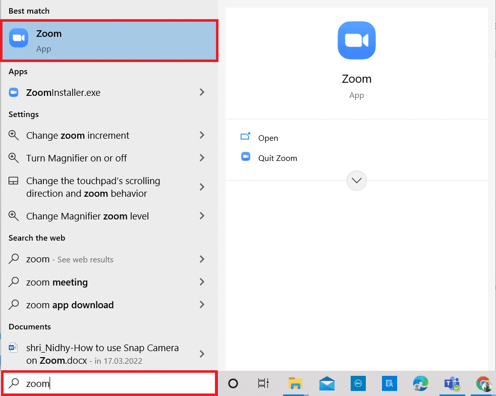 wpisz Zoom w menu wyszukiwania i otwórz je.  Jak naprawić błąd nieprawidłowego identyfikatora spotkania Zoom w systemie Windows 10?