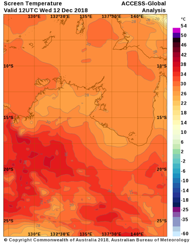 Temperature forecast in Northern Territory, Australia for 23:00 AEDT on 12 December 2018. Graphic: Australian Bureau of Meteorology