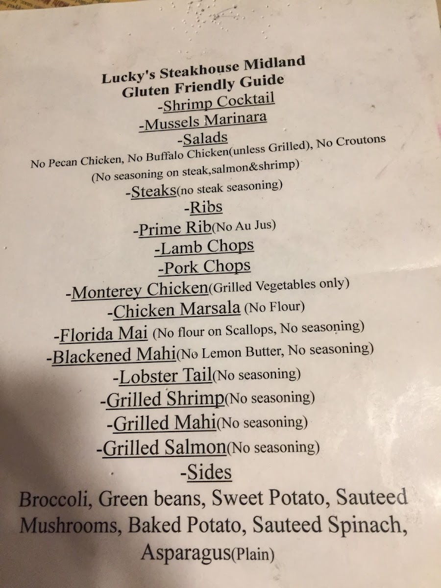 Lucky's Steakhouse gluten-free menu