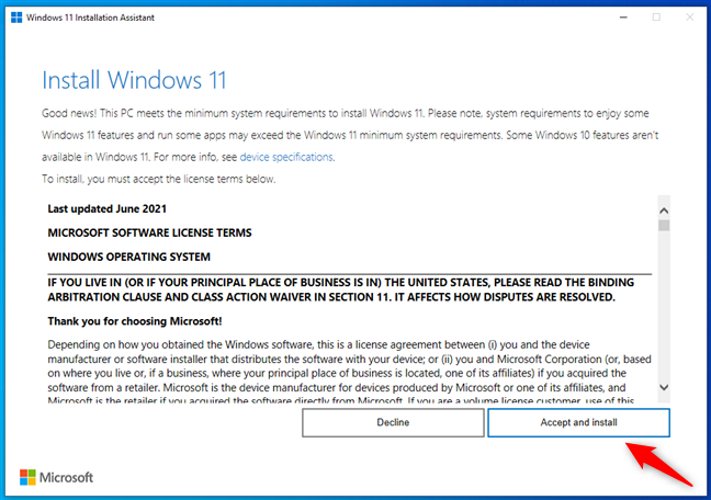 Windows 11 Installatie-assistent - Druk op Accepteren en installeren