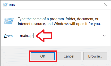 Ponownie otwórz polecenie uruchomienia, wpisz main.cpl i naciśnij enter