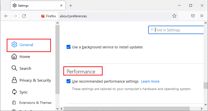 Schakel hier de aanbevolen prestatie-instellingen gebruiken uit, zoals weergegeven.  Fix Geen geluid in Firefox op Windows 10