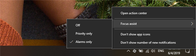 Het niveau van Focus-assistentie kiezen in het rechtsklikmenu van het actiecentrum