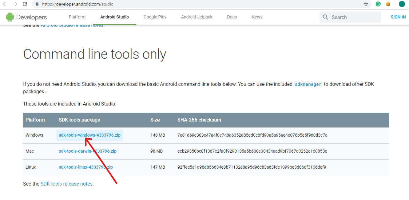 Bezoek de website en klik op sdk-tools-windows om SDK-tools voor Windows te downloaden