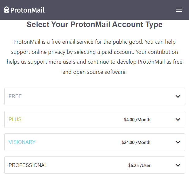 Plány a ceny pro ProtonMail