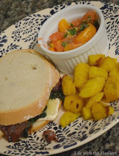 Caramelized onion, kale & brie sandwiches, with a three-citrus mint salad, with roasted golden beets-2