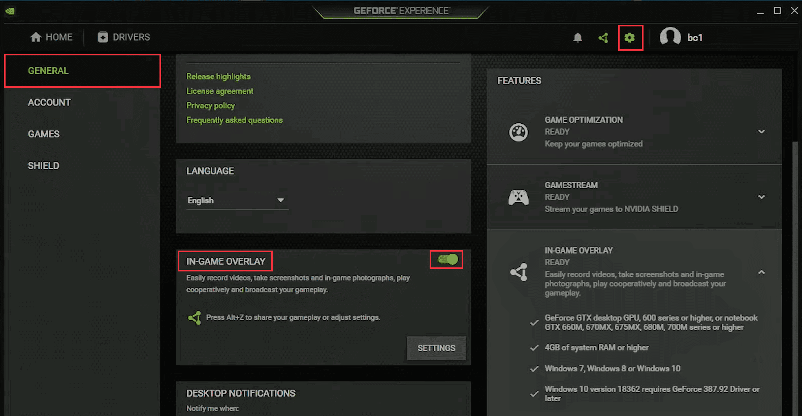 vai su Impostazioni e, in generale, imposta le impostazioni del menu su On Ingame overlay in GeForce Experience Shadowplay