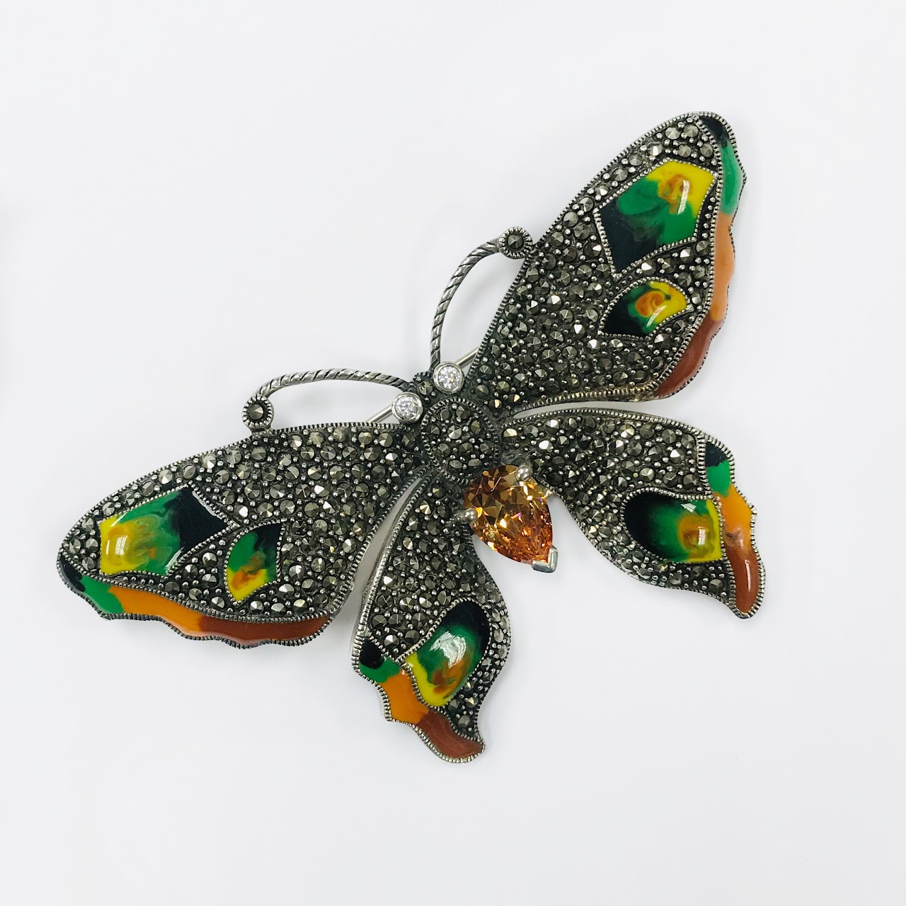 Sterling Silver, Enamel & Marcasite Large Butterfly Brooch
