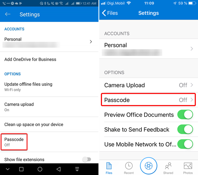 Apri le impostazioni del passcode in OneDrive per Android o iOS
