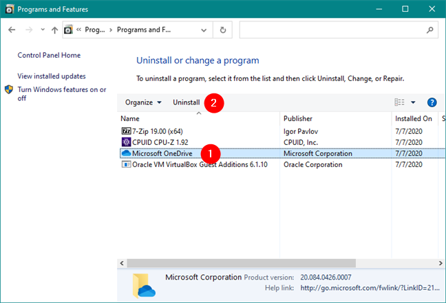 ถอนการติดตั้ง Microsoft OneDrive จากแผงควบคุม