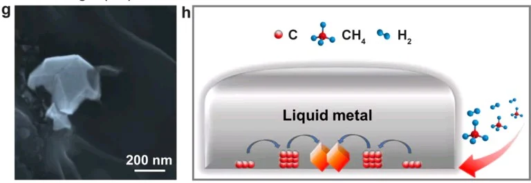 Imagem de microscopia eletrônica de varredura mostrando um diamante crescido (parcialmente) imerso em metal líquido solidificado. h) Diagrama que mostra a difusão do carbono que resulta no crescimento do diamante na superfície inferior do metal líquido.