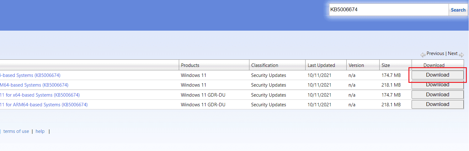 特定の更新プログラムの横にある[ダウンロード]ボタンをクリックして、MicrosoftUpdateカタログの更新プログラムをダウンロードします。