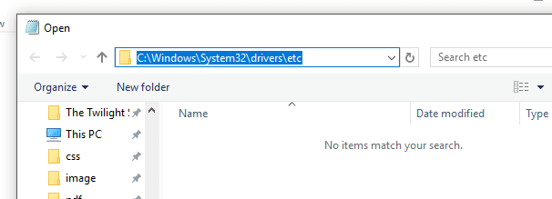 hostsファイルを開くには、C：Windowssystem32driversetcを参照します。