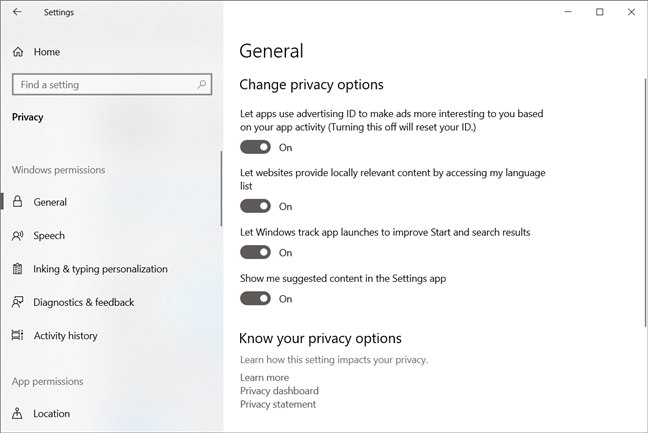 Paramètres de confidentialité dans Windows 10