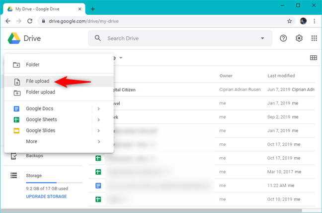 L'option de téléchargement de fichiers dans le menu Nouveau de Google Drive