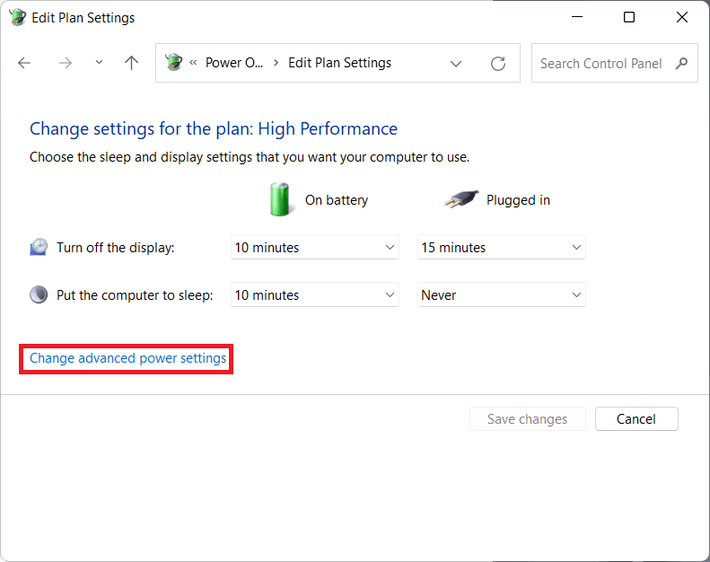 seleccione cambiar la configuración avanzada de energía en la ventana de configuración Editar plan