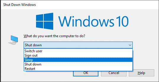 กด Alt + F4 จากนั้นเลือก Sleep จากสิ่งที่คุณต้องการให้คอมพิวเตอร์ทำ