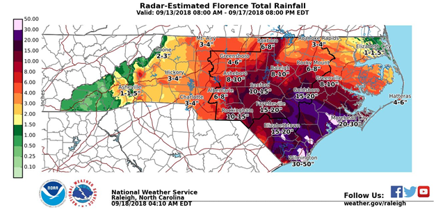 Radar estimated total rainfall from Hurricane Forence in North Carolina, 13 September 2018 - 17 September 2018. Graphic: NWS Raleigh