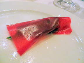 Castagna Snax: Cranberry leather with sheep cheese and shiso from Castagna Restaurant