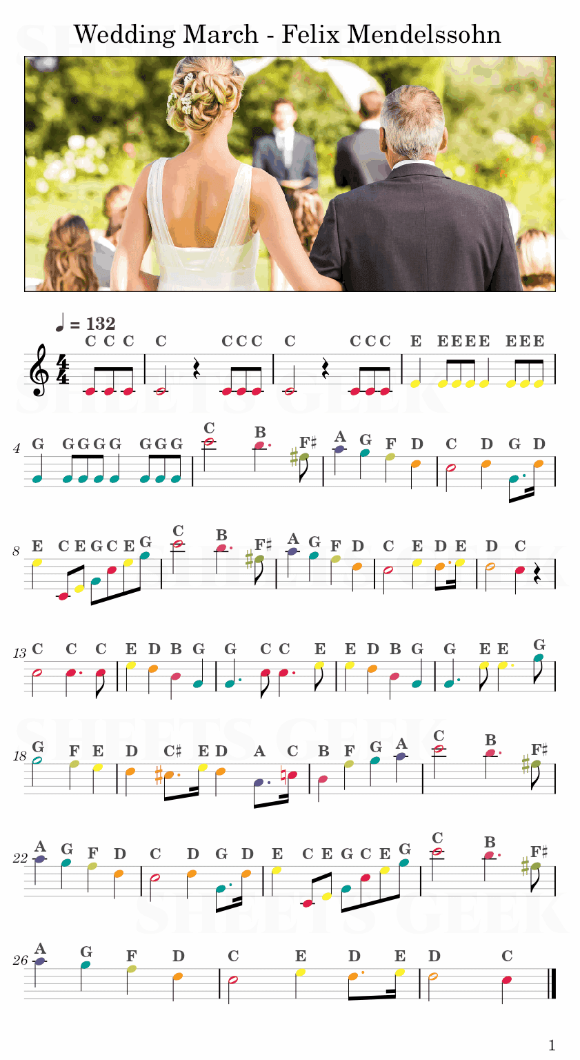 Wedding March - Felix Mendelssohn Easy Sheet Music Free for piano, keyboard, flute, violin, sax, cello page 1